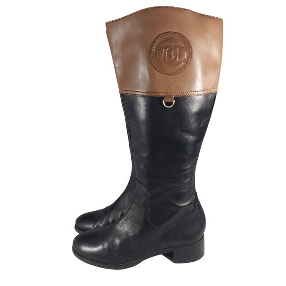 ETIENNE AIGNER! FAB BLACK & PECAN BROWN GENUINE LEATHER RIDING BOOTS! SZ 9M - Picture 1 of 13